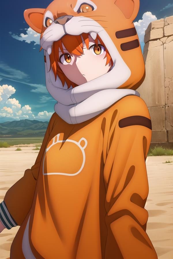 jaguarman, <lora:jaguar man babylonia-lora-nochekaiser:1>,jaguar man, orange hair, (orange eyes:1.5), short hair,BREAK tail, hood, cosplay, animal print, animal costume, tiger print,BREAK outdoors, desert, oasis, sun, clouds,BREAK looking at viewer, (cowboy shot:1.5),BREAK <lyco:GoodHands-beta2:1>, (masterpiece:1.2), best quality, high resolution, unity 8k wallpaper, (illustration:0.8), (beautiful detailed eyes:1.6), extremely detailed face, perfect lighting, extremely detailed CG, (perfect hands, perfect anatomy),