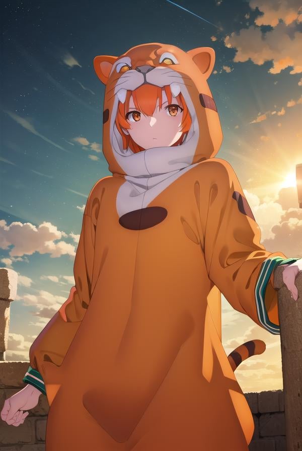 jaguarman, <lora:jaguar man babylonia-lora-nochekaiser:1>,jaguar man, orange hair, (orange eyes:1.5), short hair,BREAK tail, hood, cosplay, animal print, animal costume, tiger print,BREAK outdoors, desert, oasis, sun, clouds,BREAK looking at viewer, (cowboy shot:1.5),BREAK <lyco:GoodHands-beta2:1>, (masterpiece:1.2), best quality, high resolution, unity 8k wallpaper, (illustration:0.8), (beautiful detailed eyes:1.6), extremely detailed face, perfect lighting, extremely detailed CG, (perfect hands, perfect anatomy),