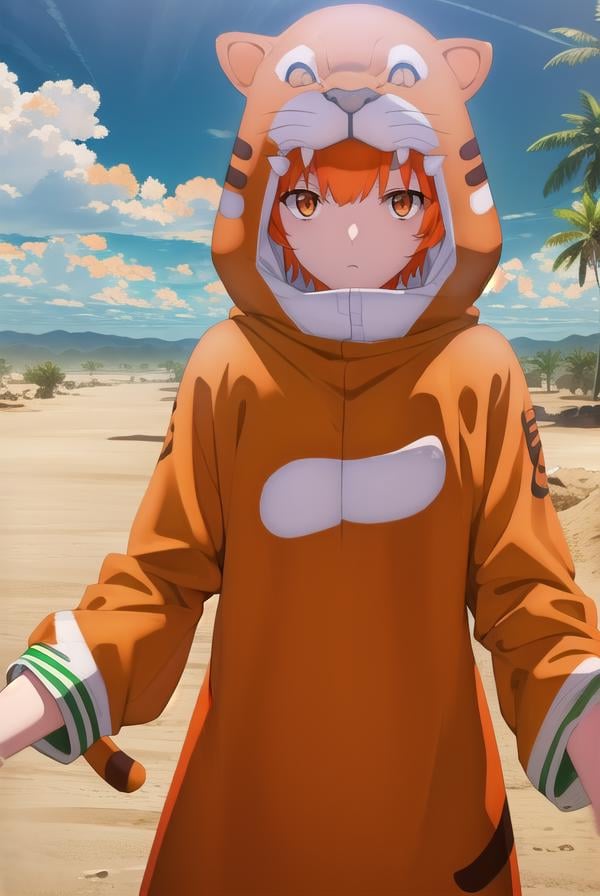 jaguarman, <lora:jaguar man babylonia-lora-nochekaiser:1>,jaguar man, orange hair, (orange eyes:1.5), short hair,BREAK tail, hood, cosplay, animal print, animal costume, tiger print,BREAK outdoors, desert, oasis, sun, clouds,BREAK looking at viewer, (cowboy shot:1.5),BREAK <lyco:GoodHands-beta2:1>, (masterpiece:1.2), best quality, high resolution, unity 8k wallpaper, (illustration:0.8), (beautiful detailed eyes:1.6), extremely detailed face, perfect lighting, extremely detailed CG, (perfect hands, perfect anatomy),