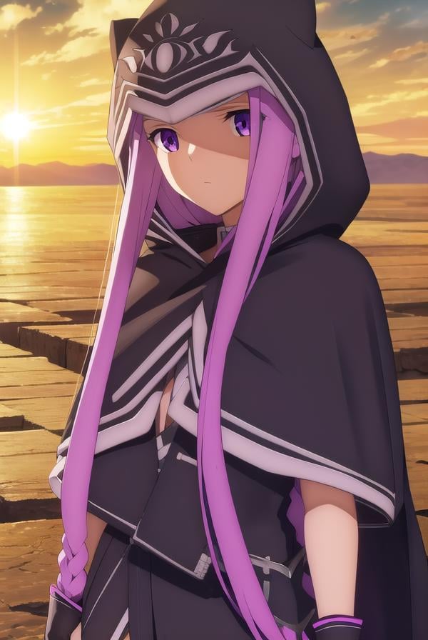 medusalily, <lora:medusa lily babylonia-lora-nochekaiser:1>,medusa lily, medusa \(fate\), long hair, (purple eyes:1.1), purple hair, sidelocks, braid, braided ponytail,BREAK thighhighs, gloves, black gloves, hood, (hood up:1.2), cape, capelet, cloak, black cape, black capelet, black cloak,BREAK outdoors, desert, oasis, sun, clouds,BREAK looking at viewer, (cowboy shot:1.5),BREAK <lyco:GoodHands-beta2:1>, (masterpiece:1.2), best quality, high resolution, unity 8k wallpaper, (illustration:0.8), (beautiful detailed eyes:1.6), extremely detailed face, perfect lighting, extremely detailed CG, (perfect hands, perfect anatomy),