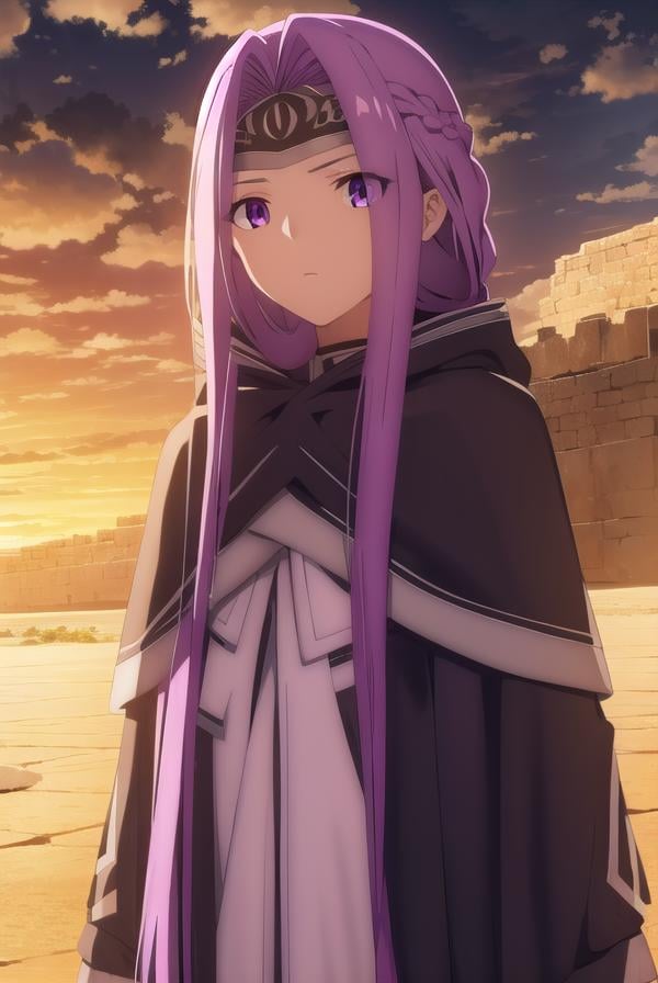 medusalily, <lora:medusa lily babylonia-lora-nochekaiser:1>,medusa lily, medusa \(fate\), long hair, (purple eyes:1.1), purple hair, sidelocks, braid, braided ponytail,BREAK braid, hood, collar, single braid, capelet, hood down, cloak, black capelet, tiara, (parted bangs:1.5),BREAK outdoors, desert, oasis, sun, clouds,BREAK looking at viewer, (cowboy shot:1.5),BREAK <lyco:GoodHands-beta2:1>, (masterpiece:1.2), best quality, high resolution, unity 8k wallpaper, (illustration:0.8), (beautiful detailed eyes:1.6), extremely detailed face, perfect lighting, extremely detailed CG, (perfect hands, perfect anatomy),