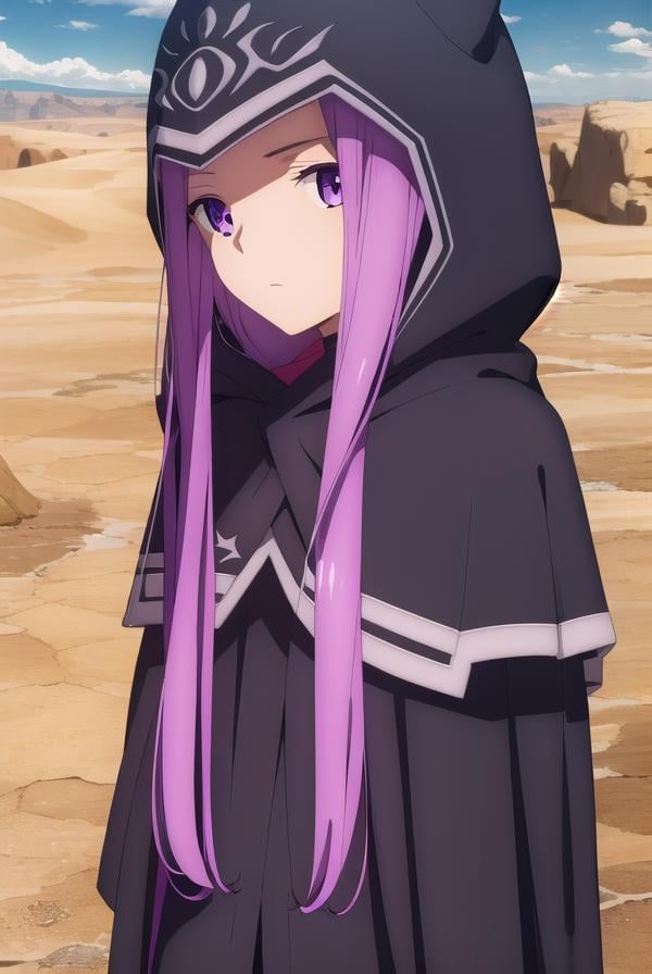 medusalily, <lora:medusa lily babylonia-lora-nochekaiser:1>,medusa lily, medusa \(fate\), long hair, (purple eyes:1.1), purple hair, sidelocks, braid, braided ponytail,BREAK thighhighs, gloves, black gloves, hood, (hood up:1.2), cape, capelet, cloak, black cape, black capelet, black cloak,BREAK outdoors, desert, oasis, sun, clouds,BREAK looking at viewer, (cowboy shot:1.5),BREAK <lyco:GoodHands-beta2:1>, (masterpiece:1.2), best quality, high resolution, unity 8k wallpaper, (illustration:0.8), (beautiful detailed eyes:1.6), extremely detailed face, perfect lighting, extremely detailed CG, (perfect hands, perfect anatomy),