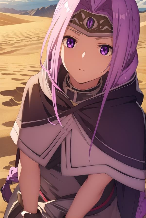 medusalily, <lora:medusa lily babylonia-lora-nochekaiser:1>,medusa lily, medusa \(fate\), long hair, (purple eyes:1.1), purple hair, sidelocks, braid, braided ponytail,BREAK braid, hood, collar, single braid, capelet, hood down, cloak, black capelet, tiara, (parted bangs:1.5),BREAK outdoors, desert, oasis, sun, clouds,BREAK looking at viewer, (cowboy shot:1.5),BREAK <lyco:GoodHands-beta2:1>, (masterpiece:1.2), best quality, high resolution, unity 8k wallpaper, (illustration:0.8), (beautiful detailed eyes:1.6), extremely detailed face, perfect lighting, extremely detailed CG, (perfect hands, perfect anatomy),