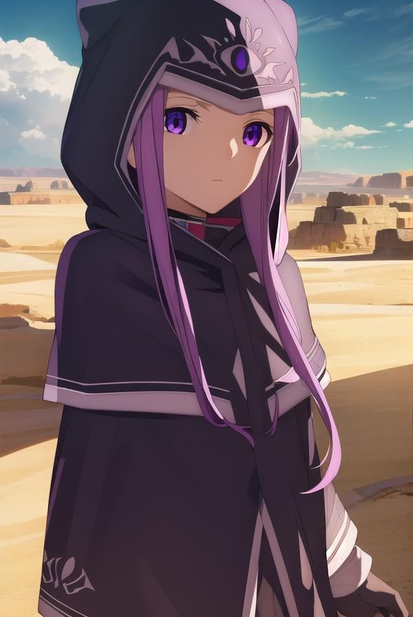 medusalily, <lora:medusa lily babylonia-lora-nochekaiser:1>,medusa lily, medusa \(fate\), long hair, (purple eyes:1.1), purple hair, sidelocks, braid, braided ponytail,BREAK thighhighs, gloves, black gloves, hood, (hood up:1.2), cape, capelet, cloak, black cape, black capelet, black cloak,BREAK outdoors, desert, oasis, sun, clouds,BREAK looking at viewer, (cowboy shot:1.5),BREAK <lyco:GoodHands-beta2:1>, (masterpiece:1.2), best quality, high resolution, unity 8k wallpaper, (illustration:0.8), (beautiful detailed eyes:1.6), extremely detailed face, perfect lighting, extremely detailed CG, (perfect hands, perfect anatomy),