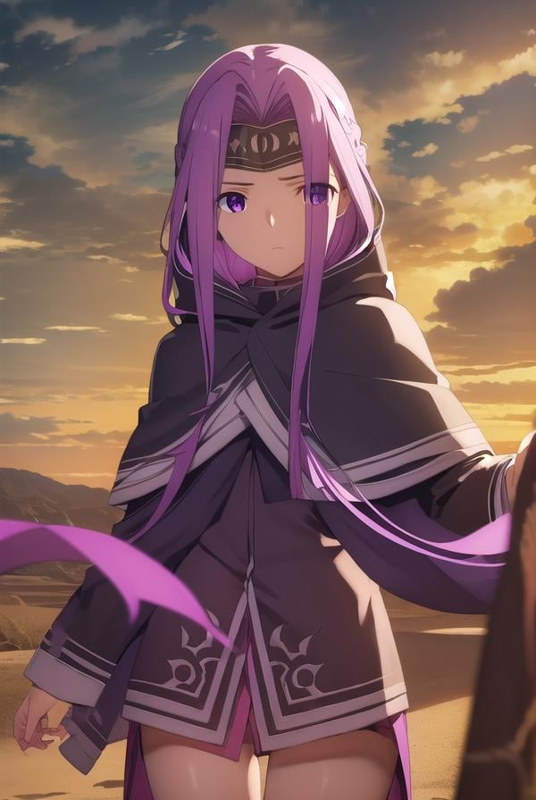 medusalily, <lora:medusa lily babylonia-lora-nochekaiser:1>,medusa lily, medusa \(fate\), long hair, (purple eyes:1.1), purple hair, sidelocks, braid, braided ponytail,BREAK braid, hood, collar, single braid, capelet, hood down, cloak, black capelet, tiara, (parted bangs:1.5),BREAK outdoors, desert, oasis, sun, clouds,BREAK looking at viewer, (cowboy shot:1.5),BREAK <lyco:GoodHands-beta2:1>, (masterpiece:1.2), best quality, high resolution, unity 8k wallpaper, (illustration:0.8), (beautiful detailed eyes:1.6), extremely detailed face, perfect lighting, extremely detailed CG, (perfect hands, perfect anatomy),