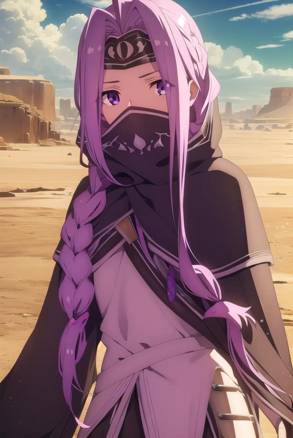 medusalily, <lora:medusa lily babylonia-lora-nochekaiser:1>,medusa lily, medusa \(fate\), long hair, (purple eyes:1.1), purple hair, sidelocks, braid, braided ponytail,BREAK braid, hood, collar, single braid, capelet, hood down, cloak, black capelet, tiara, (parted bangs:1.5),BREAK outdoors, desert, oasis, sun, clouds,BREAK looking at viewer, (cowboy shot:1.5),BREAK <lyco:GoodHands-beta2:1>, (masterpiece:1.2), best quality, high resolution, unity 8k wallpaper, (illustration:0.8), (beautiful detailed eyes:1.6), extremely detailed face, perfect lighting, extremely detailed CG, (perfect hands, perfect anatomy),