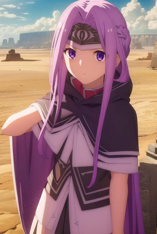 medusalily, <lora:medusa lily babylonia-lora-nochekaiser:1>,medusa lily, medusa \(fate\), long hair, (purple eyes:1.1), purple hair, sidelocks, braid, braided ponytail,BREAK braid, hood, collar, single braid, capelet, hood down, cloak, black capelet, tiara, (parted bangs:1.5),BREAK outdoors, desert, oasis, sun, clouds,BREAK looking at viewer, (cowboy shot:1.5),BREAK <lyco:GoodHands-beta2:1>, (masterpiece:1.2), best quality, high resolution, unity 8k wallpaper, (illustration:0.8), (beautiful detailed eyes:1.6), extremely detailed face, perfect lighting, extremely detailed CG, (perfect hands, perfect anatomy),