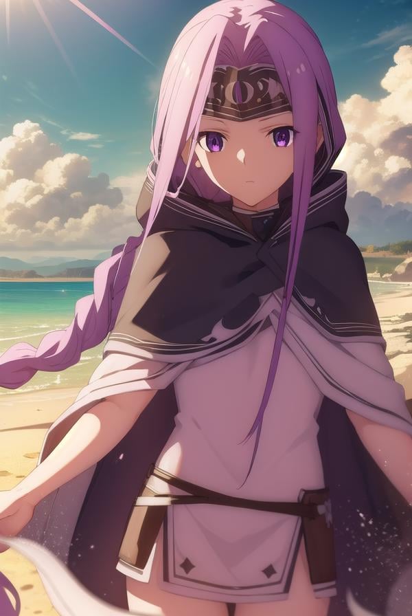 medusalily, <lora:medusa lily babylonia-lora-nochekaiser:1>,medusa lily, medusa \(fate\), long hair, (purple eyes:1.1), purple hair, sidelocks, braid, braided ponytail,BREAK braid, hood, collar, single braid, capelet, hood down, cloak, black capelet, tiara, (parted bangs:1.5),BREAK outdoors, desert, oasis, sun, clouds,BREAK looking at viewer, (cowboy shot:1.5),BREAK <lyco:GoodHands-beta2:1>, (masterpiece:1.2), best quality, high resolution, unity 8k wallpaper, (illustration:0.8), (beautiful detailed eyes:1.6), extremely detailed face, perfect lighting, extremely detailed CG, (perfect hands, perfect anatomy),