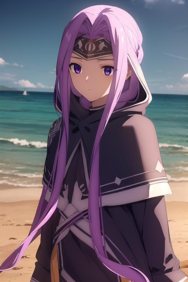 medusalily, <lora:medusa lily babylonia-lora-nochekaiser:1>,medusa lily, medusa \(fate\), long hair, (purple eyes:1.1), purple hair, sidelocks, braid, braided ponytail,BREAK braid, hood, collar, single braid, capelet, hood down, cloak, black capelet, tiara, (parted bangs:1.5),BREAK outdoors, desert, oasis, sun, clouds,BREAK looking at viewer, (cowboy shot:1.5),BREAK <lyco:GoodHands-beta2:1>, (masterpiece:1.2), best quality, high resolution, unity 8k wallpaper, (illustration:0.8), (beautiful detailed eyes:1.6), extremely detailed face, perfect lighting, extremely detailed CG, (perfect hands, perfect anatomy),