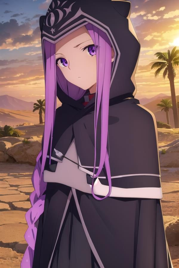 medusalily, <lora:medusa lily babylonia-lora-nochekaiser:1>,medusa lily, medusa \(fate\), long hair, (purple eyes:1.1), purple hair, sidelocks, braid, braided ponytail,BREAK thighhighs, gloves, black gloves, hood, (hood up:1.2), cape, capelet, cloak, black cape, black capelet, black cloak,BREAK outdoors, desert, oasis, sun, clouds,BREAK looking at viewer, (cowboy shot:1.5),BREAK <lyco:GoodHands-beta2:1>, (masterpiece:1.2), best quality, high resolution, unity 8k wallpaper, (illustration:0.8), (beautiful detailed eyes:1.6), extremely detailed face, perfect lighting, extremely detailed CG, (perfect hands, perfect anatomy),