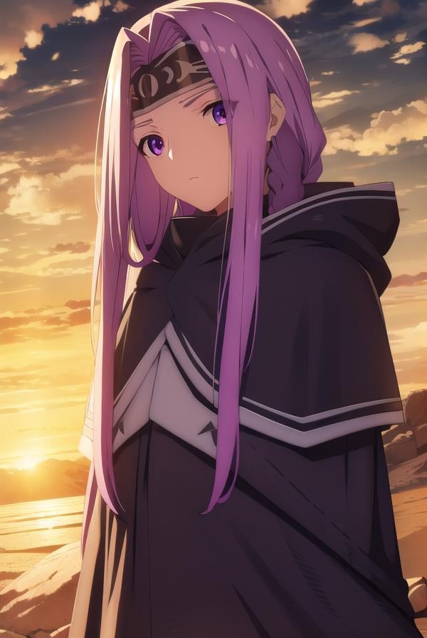 medusalily, <lora:medusa lily babylonia-lora-nochekaiser:1>,medusa lily, medusa \(fate\), long hair, (purple eyes:1.1), purple hair, sidelocks, braid, braided ponytail,BREAK hood, collar, single braid, capelet, hood down, cloak, black capelet, tiara, (parted bangs:1.5),BREAK outdoors, desert, oasis, sun, clouds,BREAK looking at viewer, (cowboy shot:1.5),BREAK <lyco:GoodHands-beta2:1>, (masterpiece:1.2), best quality, high resolution, unity 8k wallpaper, (illustration:0.8), (beautiful detailed eyes:1.6), extremely detailed face, perfect lighting, extremely detailed CG, (perfect hands, perfect anatomy),