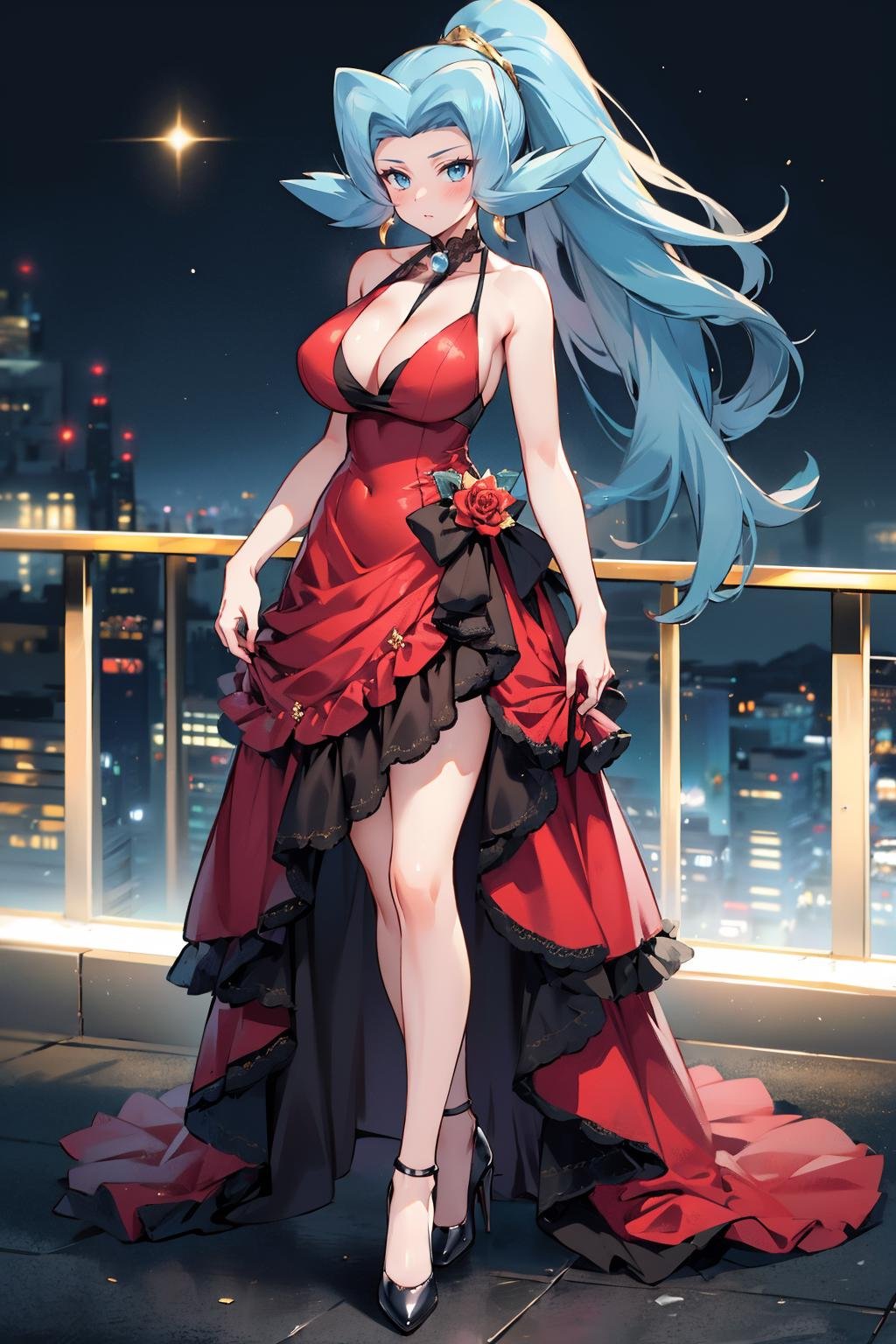 masterpiece, best quality,  <lora:pkmnclair-nvwls-v1-000009:1> pkmnClair, ponytail, earrings, red dress, ballgown, cleavage, large breasts, high heels, standing, looking at viewer