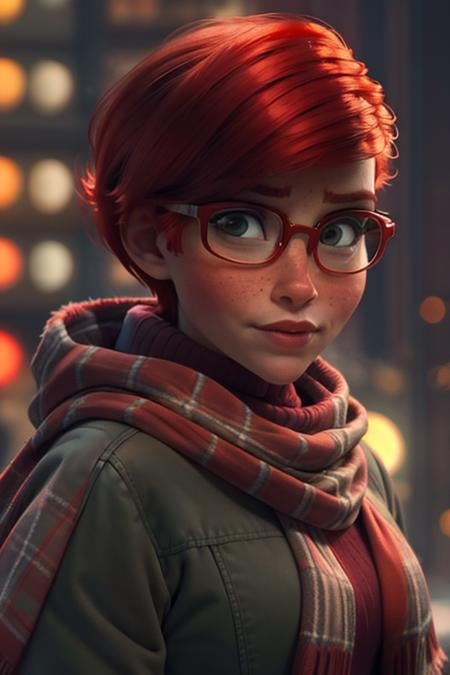 portrait, upperbody, looking at viewer, looking at camera, straight on, close up,arielodd, 1girl, red hair, short hair, glasses, freckles,felt wintercoat, plaid scarf, turtleneck outside, busting city, crowds, bustling crowds, multiple people, warm volumetric lighting, realistic, blurred background<lora:Ariel_ODD_v1:0.75>