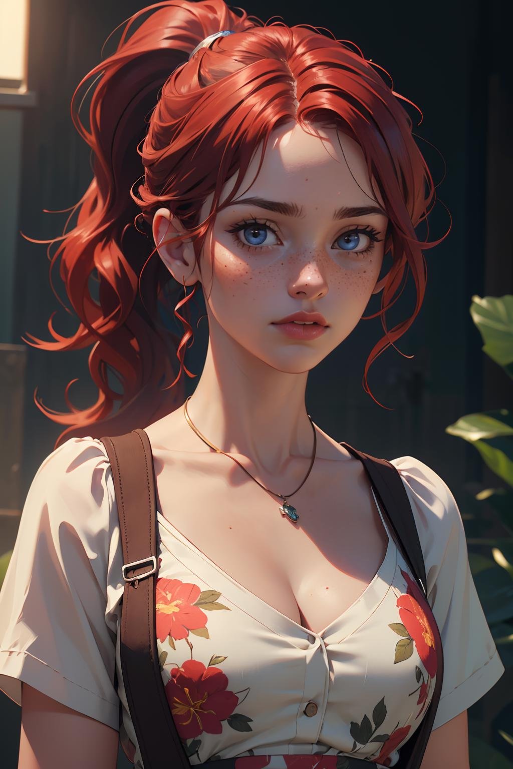 (masterpiece, best quality, highres, high resolution:1.2), extremely detailed, realistic, intricate details, 1girl, solo, looking at viewer, upper body, collarbone, wavy hair, necklace, suspenders, floral print, ponytail, freckles, red hair, sunlight, (cinematic lighting, bloom, volumetric),