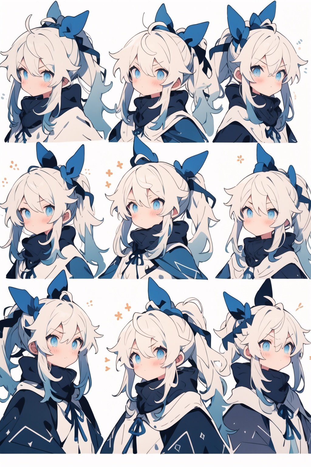 white background, (1girl), white hair, blue eyes, (high ponytail), cloak <lora:Sticker style1.0-tusi:0.85>