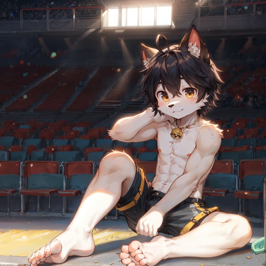 8k,A handsome boy, 15 year old,cute,thin, full body photo, sunny, blurred light, soft light, extreme hd picture,topless,white shorts,（barefoot）, midjourney, NJIP,stadium,Sitting on the ground with exposed soles and toes,shy,soft light and shadow,movie lenses, ahoge, furry, Children with bells, An eight-year-old boy, Not a spot on the whole body, cat ears , Juvenile, Skinny body type, cat boy,cub, ultra cute face, full body, perfect lighting, masterpiece, ultra detailed, ultra detailed fur, Alone, 