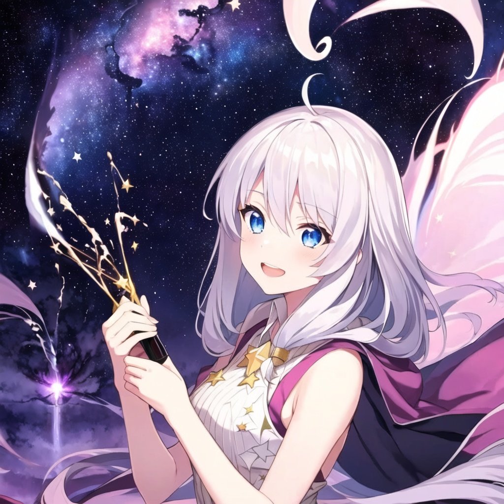 <lora:elaina:0.8>,((masterpiece), best quality, perfect anatomy,wallpaper,1girl,solo,white hair,(starry tornado:1.4),starry Nebula,beautiful detailed sky,