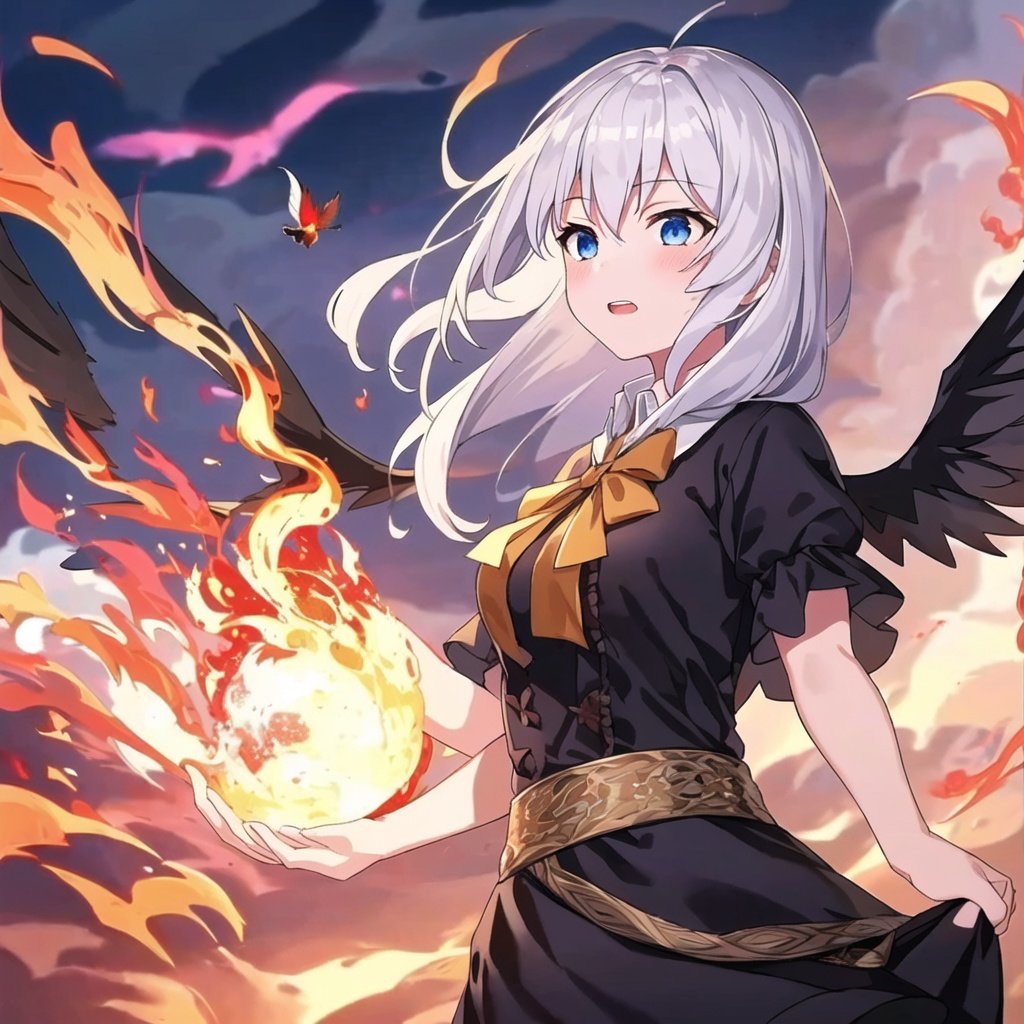 <lora:elaina:0.8>,((masterpiece), best quality, perfect anatomy,wallpaper,1girl,solo,white hair,beautiful detailed glow,floating ashes,beautiful and detailed explosion,red moon,fire,fire cloud,wings on fire,a cloudy sky,smoke of gunpowder,burning,black dress,dove of peace,(floating cloud:1.2),