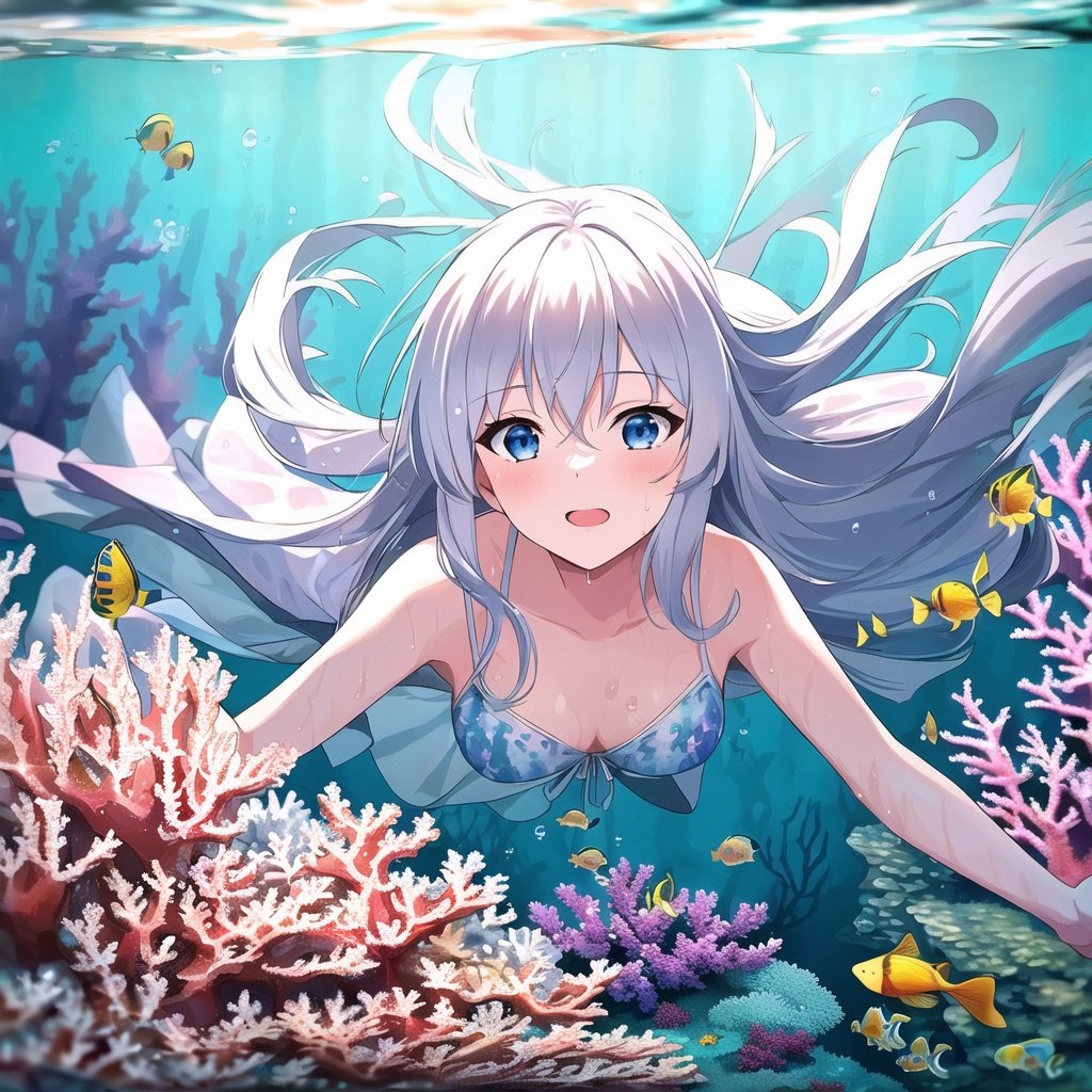 <lora:elaina:0.8>,((masterpiece), best quality, perfect anatomy,wallpaper,1girl,solo,((underwater)),(beautiful detailed water),((coral)),dynamic angle, floating,(detailed light),floating hair,(splash),((fishes)),leaves dress, feather, nature,(sunlight),(underwater forest),(bloom),(detailed glow),drenched, seaweed, fish,(((Tyndall effect))),white hair,