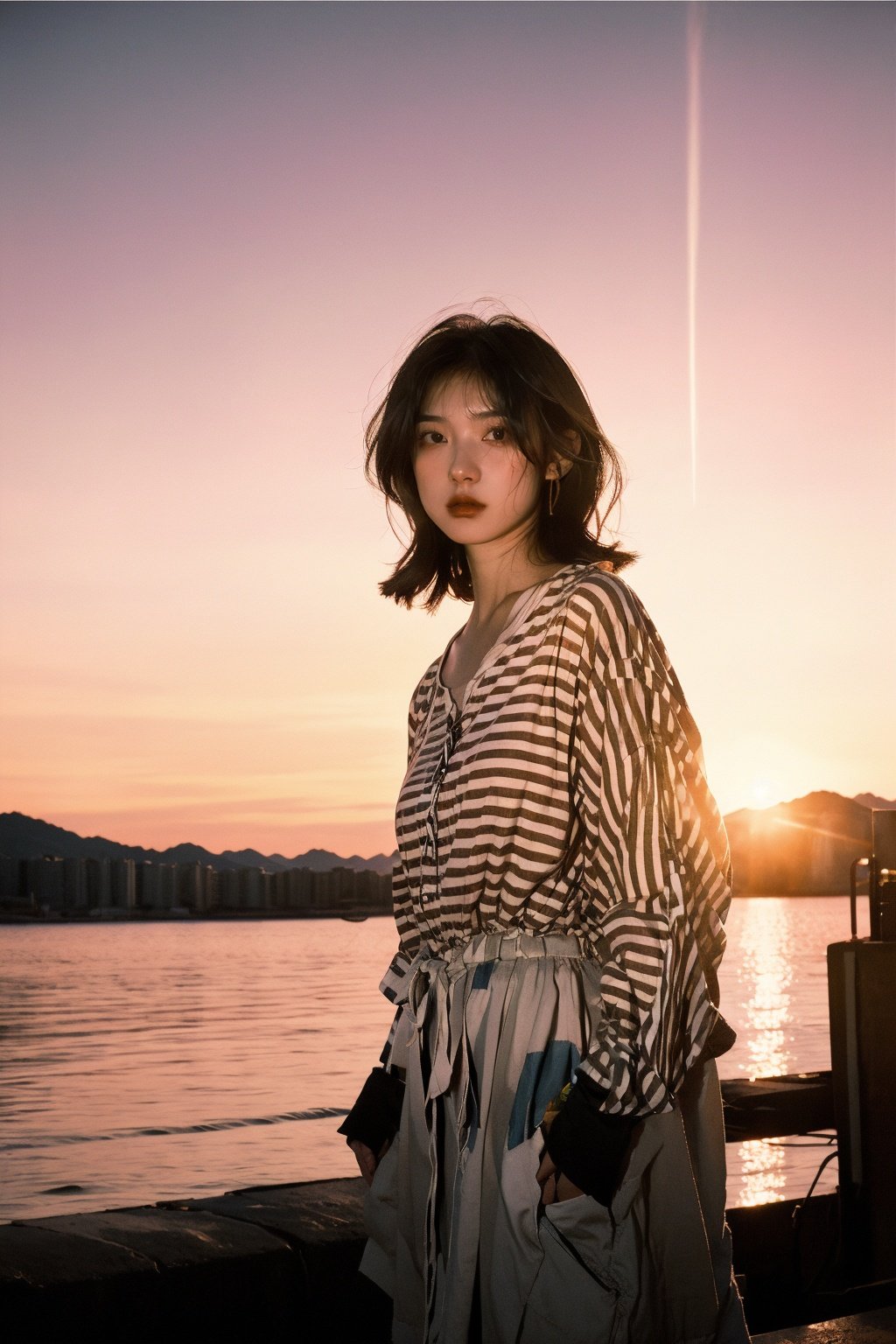  A young girl standing in front of a vibrant sunset, her silhouette sharply contrasted against the backdrop of the fading orange sky. The scene is captured using a wide-angle lens with a shallow depth of field, creating a dramatic sense of perspective. Inspired by the works of Ansel Adams, the image exudes a sense of raw, natural beauty.,WuLight