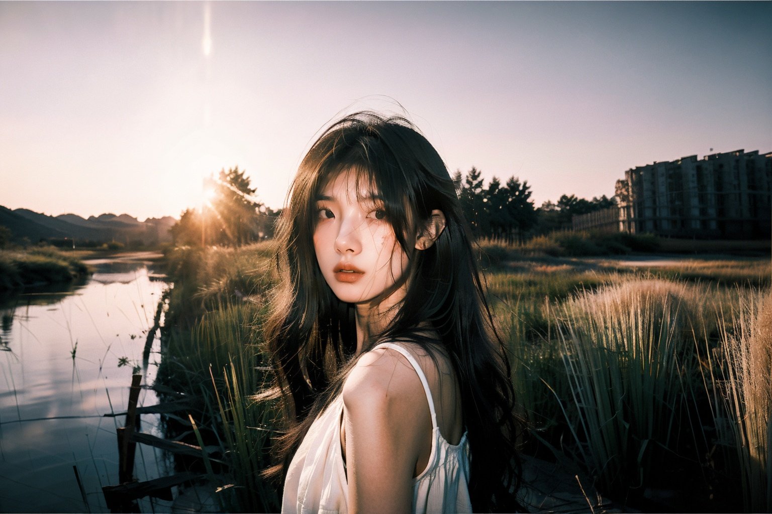  A girl with a mysterious gaze, standing in the depths of a dense reed bed, a telephoto lens zooming in on her face, capturing the emotion, influenced by Robert Doisneau's candid photography, with a rough, grainy texture that adds a sense of authenticity.,WuLight