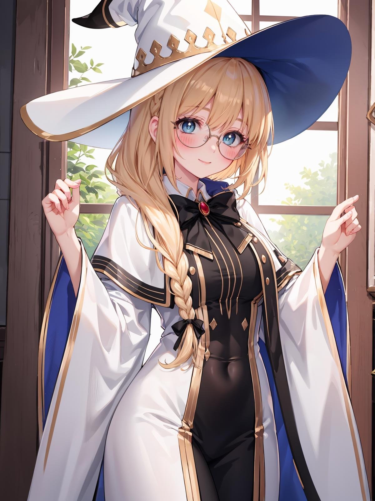 (extremely detailed CG), (best quality), 1girl, perfect face, bright pupils, (finely detailed beautiful eyes), blue eyes, narrow waist, TonelicoFate, witch hat, (round eyewear:1.3), braid, wide sleeves, white robe, black bow, light smile, blush, indoors, cowboy shot, hand on glasses,  <lora:TonelicoFate:0.6>