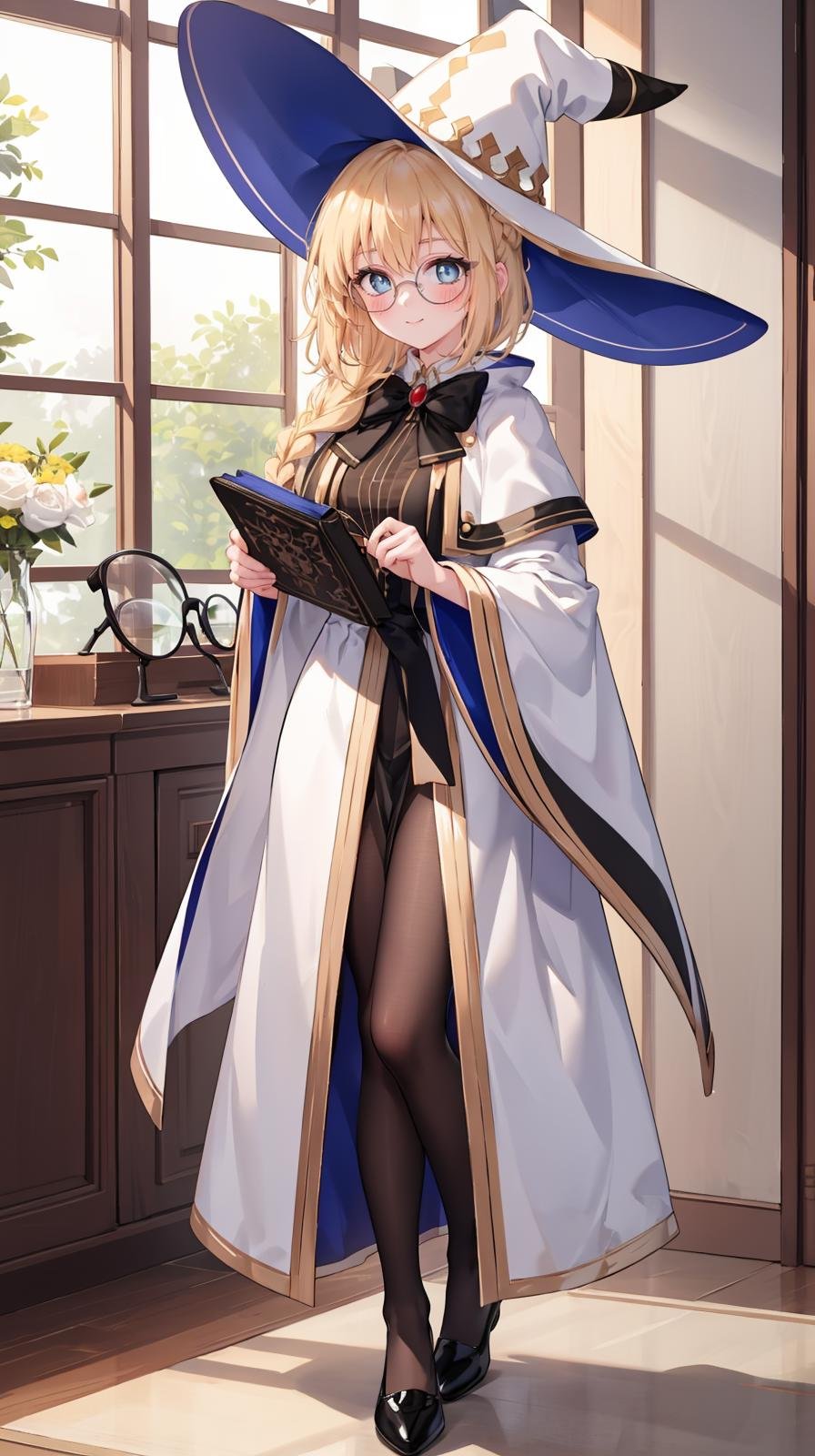 (extremely detailed CG), (best quality), 1girl, perfect face, bright pupils, (finely detailed beautiful eyes), blue eyes, narrow waist, TonelicoFate, witch hat, (round eyewear:1.3), braid, wide sleeves, white robe, holding book, holding staff, black bow, light smile, blush, indoors, full body, depth of field, standing, black pantyhose, <lora:TonelicoFate:0.6>