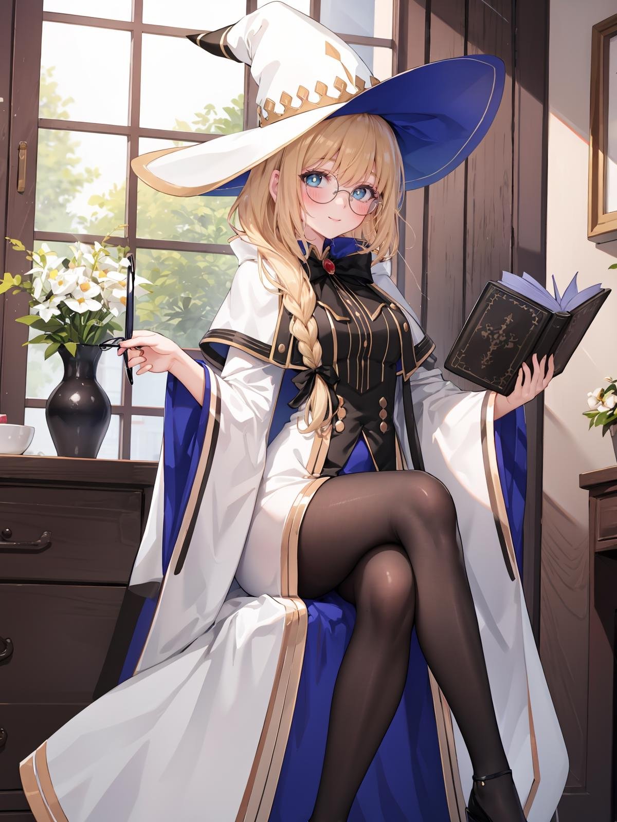 (extremely detailed CG), (best quality), 1girl, perfect face, bright pupils, (finely detailed beautiful eyes), blue eyes, narrow waist, TonelicoFate, witch hat, (round eyewear:1.3), braid, wide sleeves, white robe, holding book, holding staff, black bow, light smile, blush, indoors, full body, depth of field, standing, black pantyhose, sitting, crossed legs,  <lora:TonelicoFate:0.6>