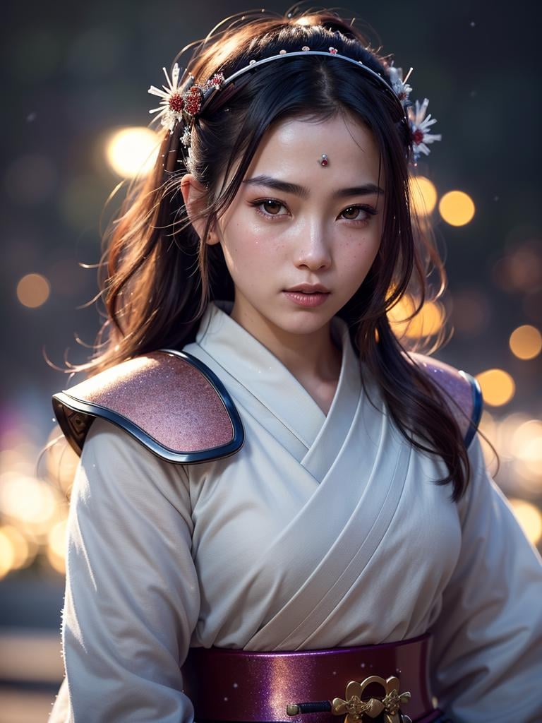 macro,((beautiful samurai girl)), detailed facial features, realistic skin texture,fantasy, fairytale, space adventurer, scifi character, cute, character,vivid colors, intricately detailed sharp focus, cinematic lighting, rim lighting, masterpiece, cgsociety, 4k, octane render,((glittering snow flakes, halos, bokeh))