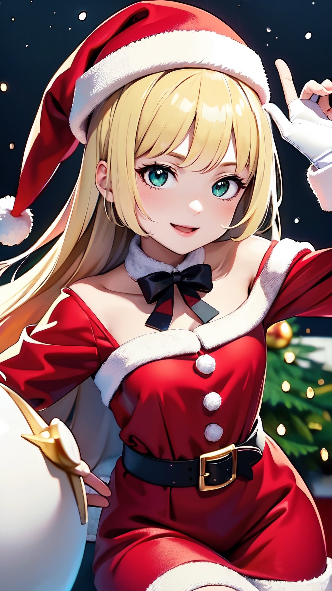 ((masterpiece, best quality, ultra-detailed, very fine 8KCG wallpapers)), 1girl, solo, kawaii, smile, medium breasts, blonde hair, long hair, green eyes, santa, red beret, red bow ribbon, red gloves, red dress, red boots, santa girl costume, christmas, holy night, christmas decorations, christmas night, nice hands, perfect hands,