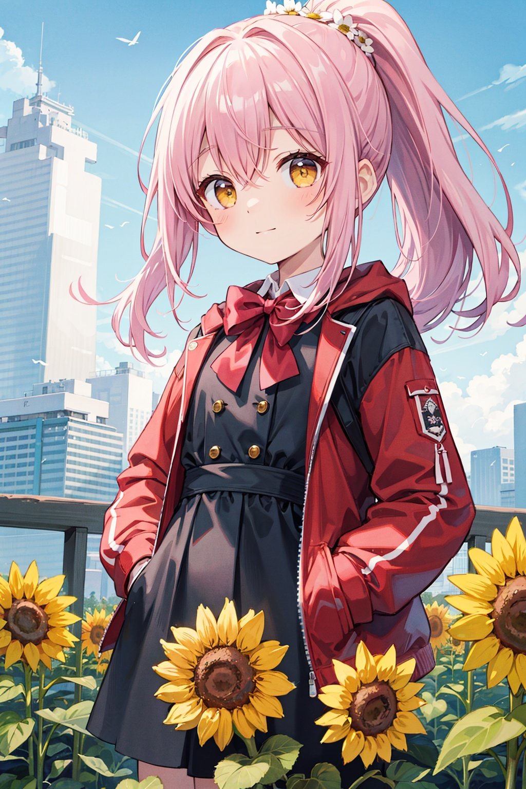  (best quality), ((masterpiece)), (highres),standing,original, extremely detailed wallpaper, (an extremely delicate and beautiful),(loli：1.2),(petite:1.2),Pink hair,Yellow eyes, (red Jacket),high ponytail,white collared shirt,hair flower,fipped hair,floating hair,Frown,hands in pockets,black dress,red bowtie,(solo),sky, skyline, skyscraper, smile, solo, sunflower, tower, upper_body,white flower