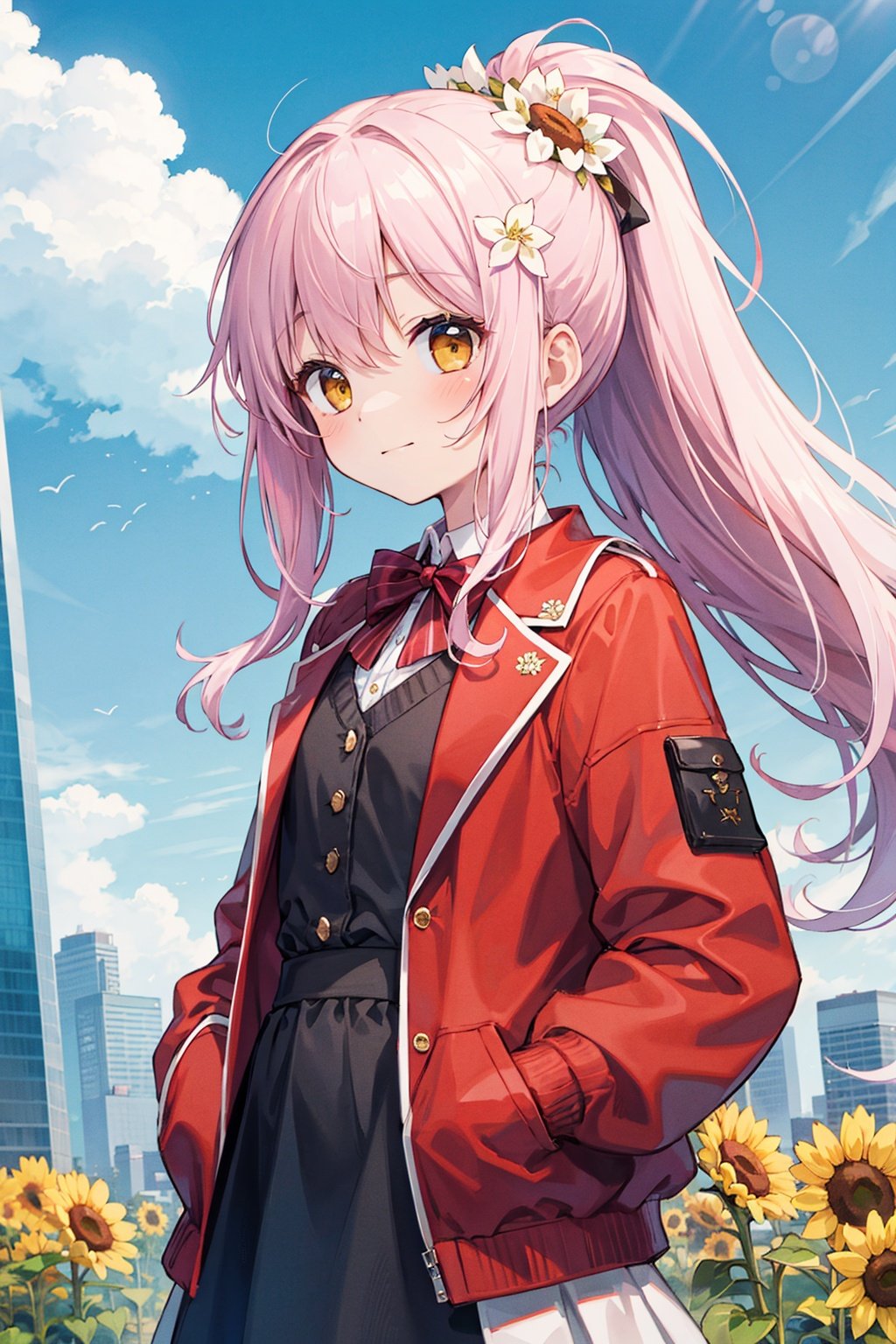  (best quality), ((masterpiece)), (highres),standing,original, extremely detailed wallpaper, (an extremely delicate and beautiful),(loli：1.2),(petite:1.2),Pink hair,Yellow eyes, (red Jacket),high ponytail,white collared shirt,hair flower,fipped hair,floating hair,Frown,hands in pockets,black dress,red bowtie,(solo),sky, skyline, skyscraper, smile, solo, sunflower, tower, upper_body,white flower