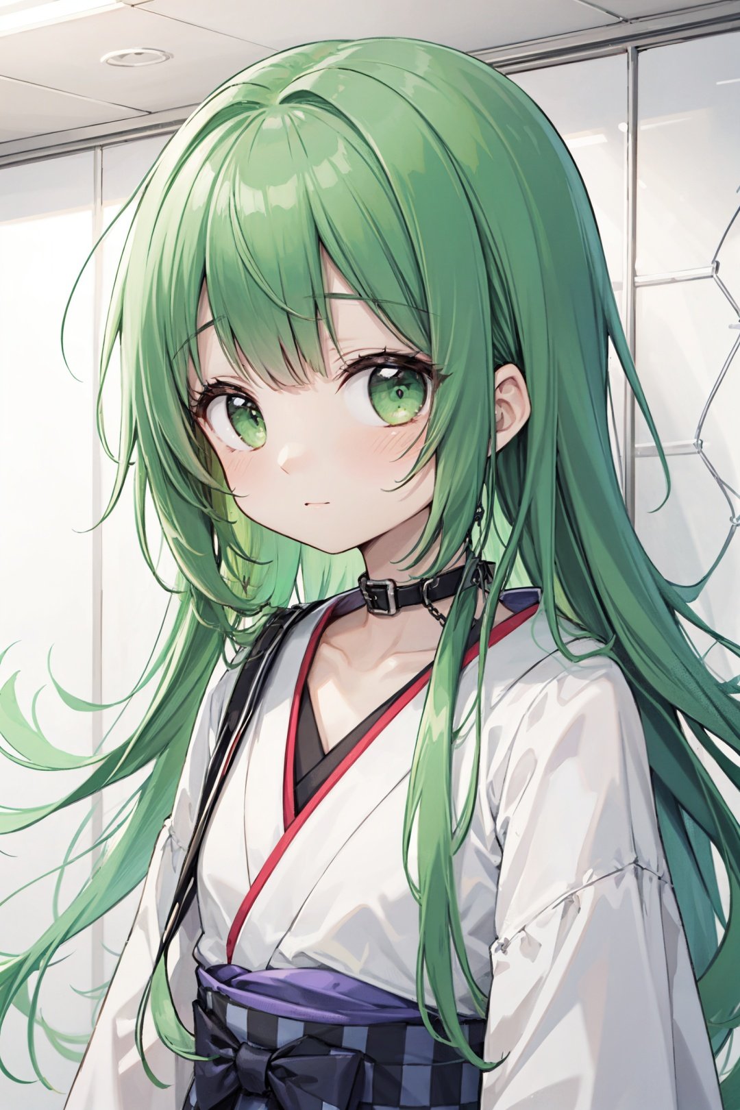  blunt bangs, ceiling, chain-link fence, checkered background, collarbone, green eyes, hexagon, japanese clothes, long hair, looking at viewer, messy hair, solo, upper body, wall,green hair,big hair,loli,messy hair,messy sleeper,hair flowing over