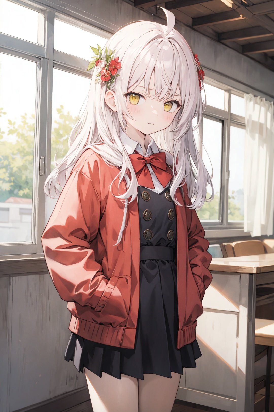  (best quality), ((masterpiece)), (highres),standing,original, extremely detailed wallpaper,crown,(an extremely delicate and beautiful),(loli),(petite),white hair,bangs,ahoge,hair flowing over,curly hair,long hair,Yellow eyes, (red Jacket),white collared shirt,hair flower,fipped hair,floating hair,Frown,hands in pockets,black dress,red bowtie,(solo),cozy anime