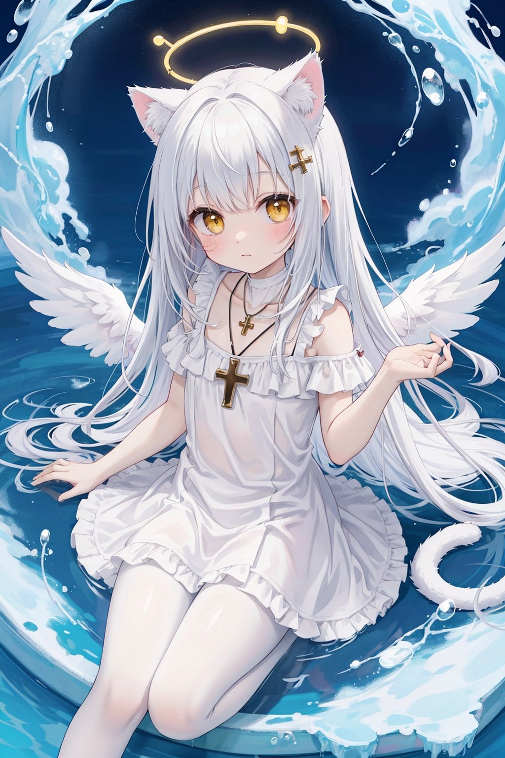  white hair,yellow eyes,looking up,stockings,long hair,hime cut,messy hair,floating hair,demon wings,halo,cross necklace,holy,divinity,shine,holy light,cat girl,(loli),(petite),solo,white pantyhose