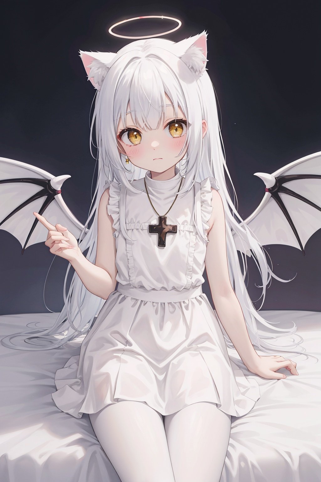  white hair,yellow eyes,looking up,stockings,long hair,hime cut,messy hair,floating hair,demon wings,halo,cross necklace,holy,divinity,shine,holy light,cat girl,(loli),(petite),solo,white pantyhose