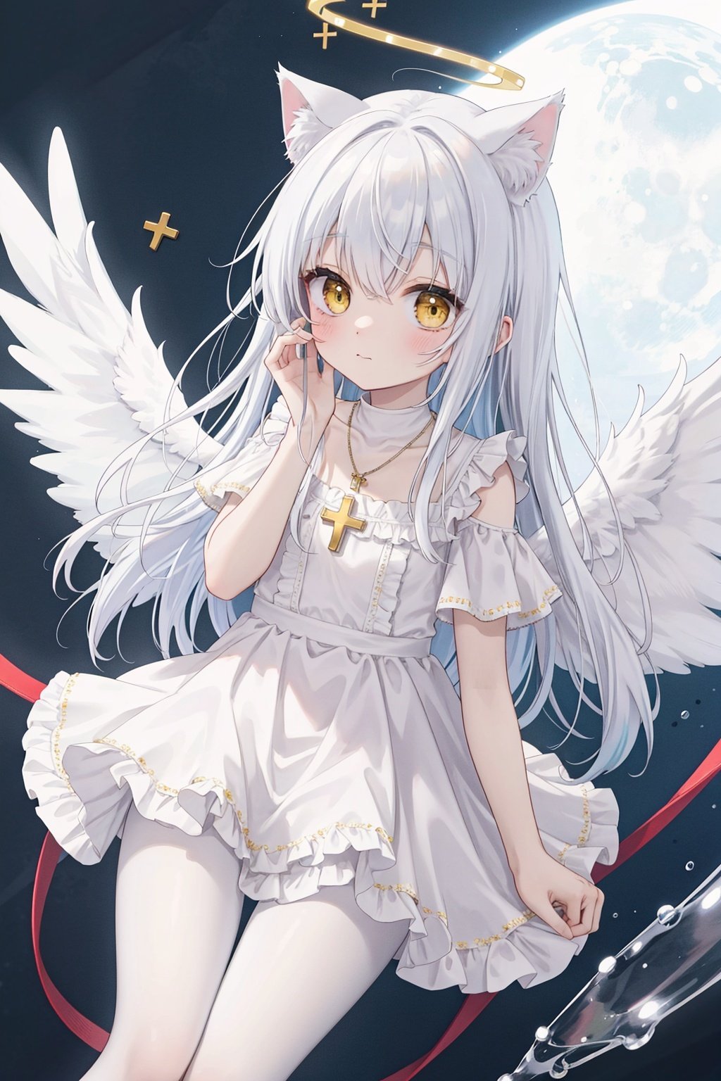  white hair,yellow eyes,looking up,stockings,long hair,hime cut,messy hair,floating hair,demon wings,halo,cross necklace,holy,divinity,shine,holy light,cat girl,(loli),(petite),solo,white pantyhose