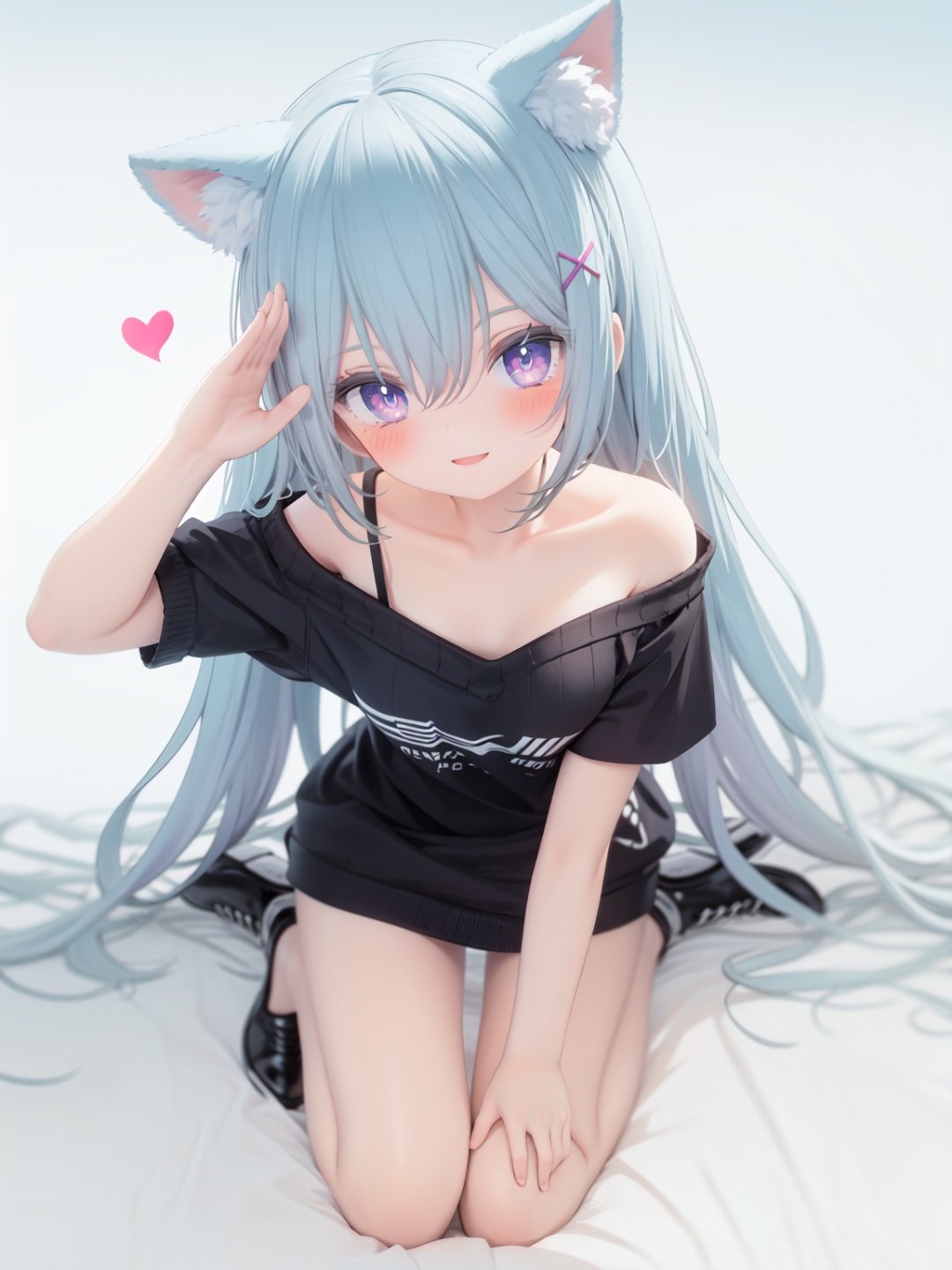  petite, loli, solo, animal ears, heart, puffy short sleeves, blue hair, long hair, off shoulder, bangs, hair ornament, gradient background,rainbow gradient, x hair ornament, animal ear fluff, looking at viewer, very long hair, blush, smile, cat ears, bare shoulders, collarbone, hand up, gradient sweater, hair between eyes, symbol-shaped pupils, arm up, heart-shaped pupils, hairclip, medium breasts, salute, bare legs,full body