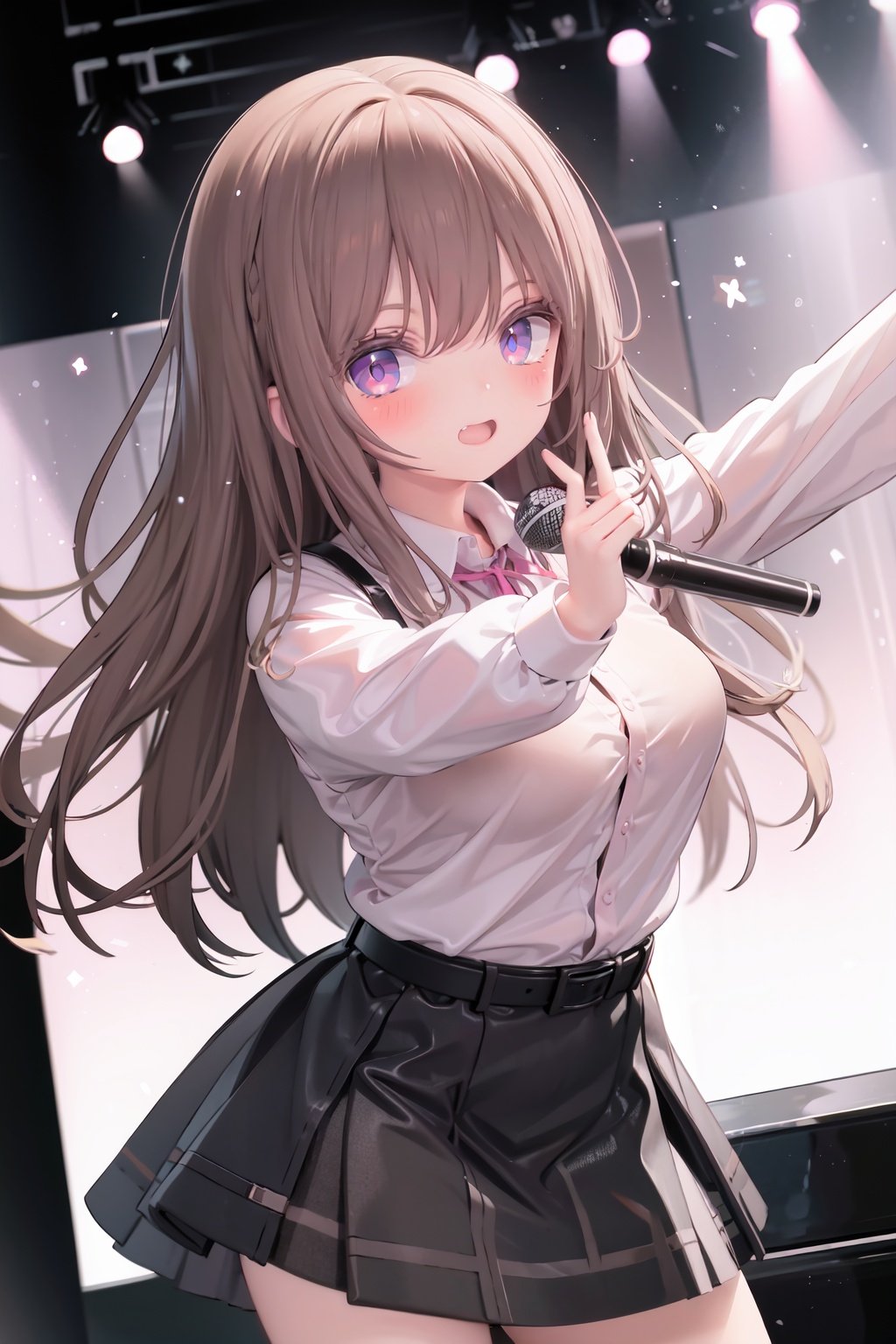  1girl, solo, microphone, smile, skirt, blush, brown eyes, long hair, open mouth, looking at viewer, brown hair, long sleeves, :d, shirt, bangs, belt, breasts, pink shirt, outstretched arm, music, black belt, medium breasts, holding microphone, singing