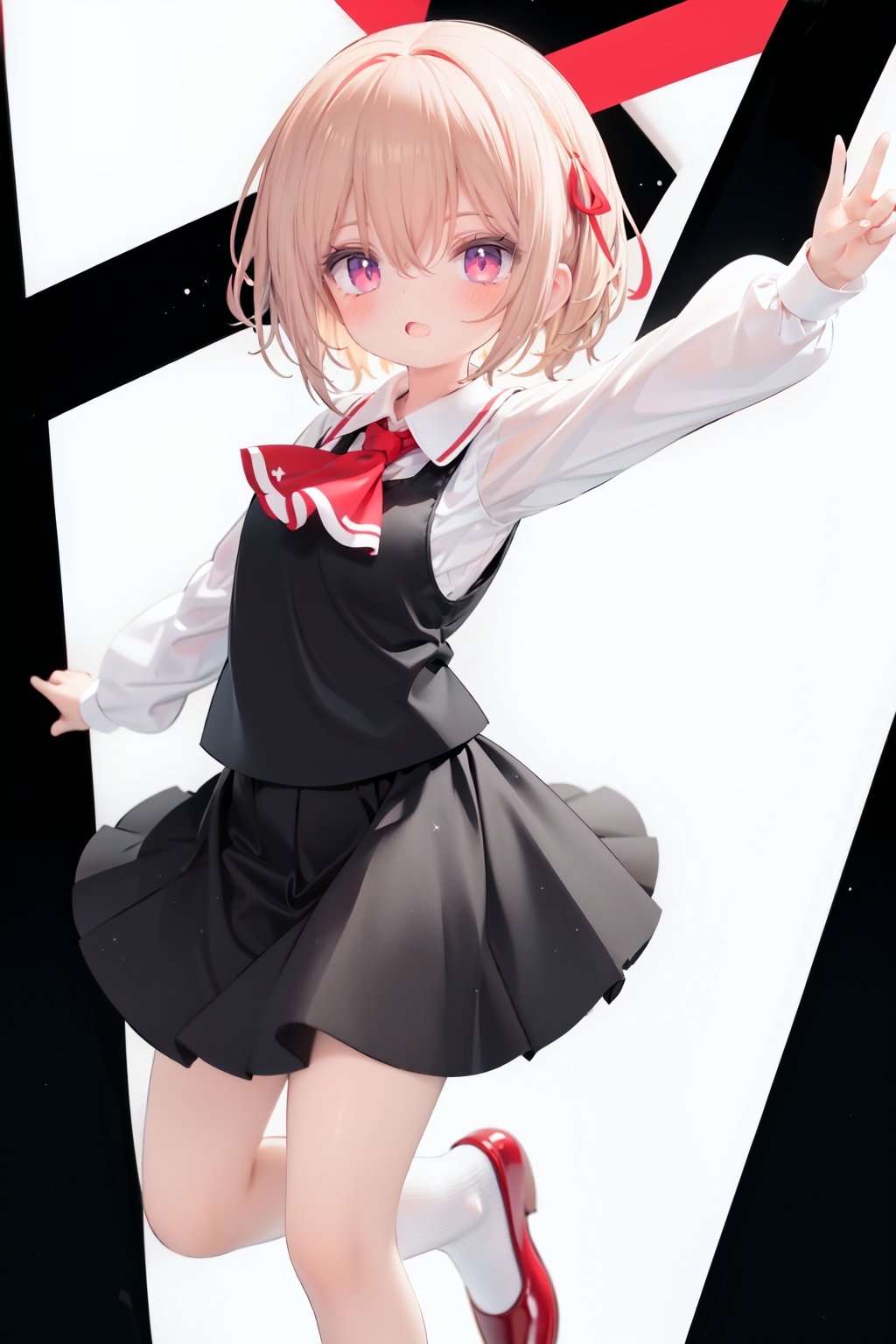  1girl, rumia, blonde hair, solo, white background, red eyes, red footwear, simple background, ascot, short hair, ribbon, open mouth, hair ribbon, smile, long sleeves, shirt, looking at viewer, red ascot, white socks, white shirt, red ribbon, shoes, socks, frills, bangs, outstretched arms, hair between eyes, skirt, :d, dress, vest, mary janes, black dress, black skirt, collared shirt, black vest, blush