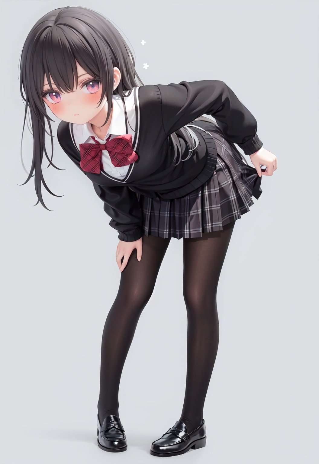  1girl, solo, pantyhose, skirt, long hair, loafers, shoes, simple background, school uniform, brown eyes, plaid, black pantyhose, plaid skirt, looking at viewer, black hair, pantyhose pull, full body, clothes pull, black footwear, pleated skirt, leaning forward, bangs, long sleeves, bent over, cardigan, bow, bowtie, standing, closed mouth, pulled by self, grey background, blush, miniskirt, red bow, sweater, undressing