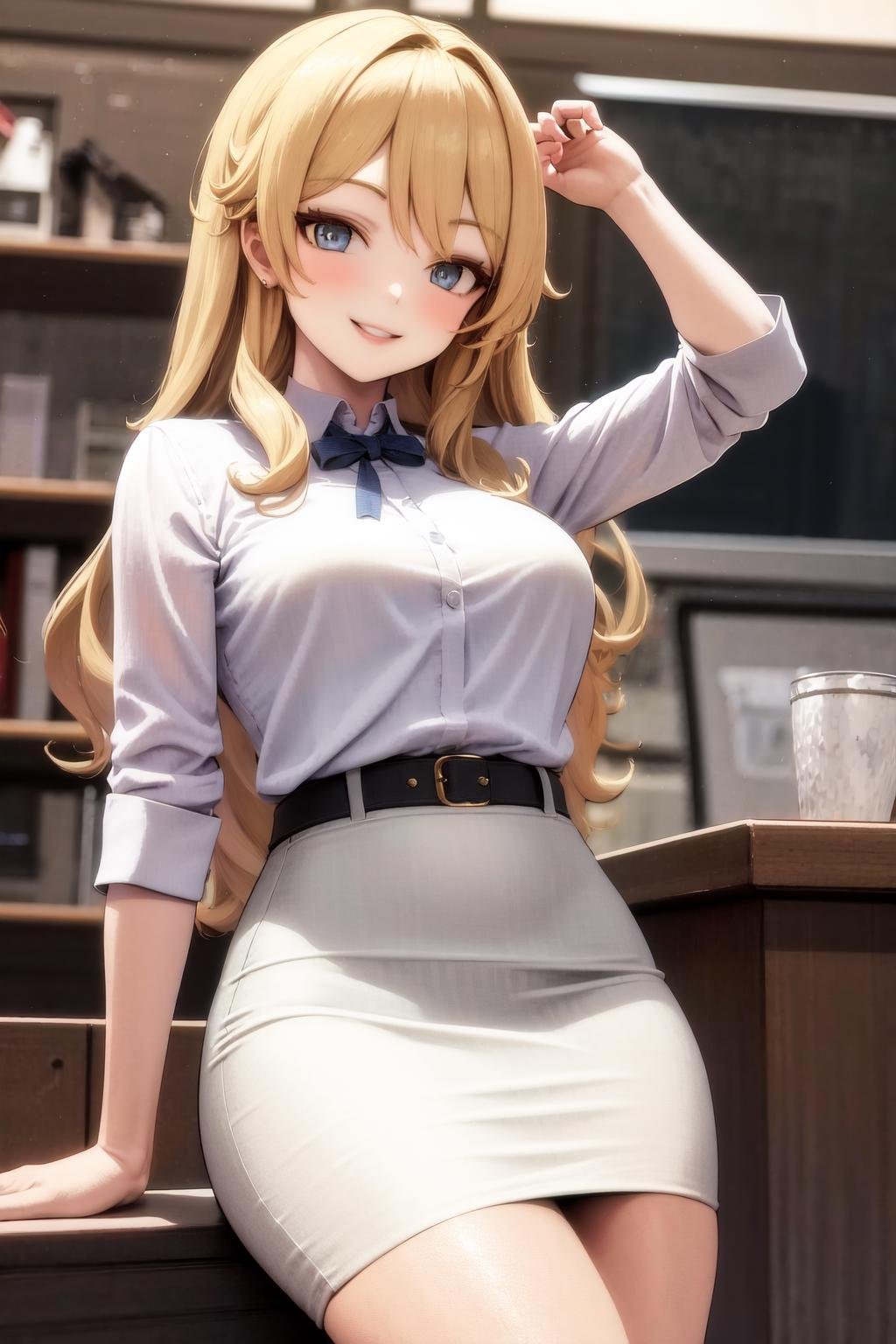 masterpiece, best quality, highres, 1girl navia <lora:navia_no_outfit:1> white shirt, pencil skirt, smile