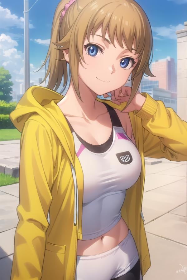 fuminahoshino, <lora:fumina hoshino s2-lora-nochekaiser:1>, fumina hoshino, hoshino fumina, blue eyes, brown hair, ponytail, scrunchie, smile,BREAK navel, jacket, bike shorts, sports bra, yellow jacket, hoodie, collarbone, long sleeves, white sports bra, white bike shorts, pink sports bra, pink bike shorts,BREAK outdoors, park, trees, city, crowd,BREAK looking at viewer, (cowboy shot:1.5),BREAK <lyco:GoodHands-beta2:1>, (masterpiece:1.2), best quality, high resolution, unity 8k wallpaper, (illustration:0.8), (beautiful detailed eyes:1.6), extremely detailed face, perfect lighting, extremely detailed CG, (perfect hands, perfect anatomy),