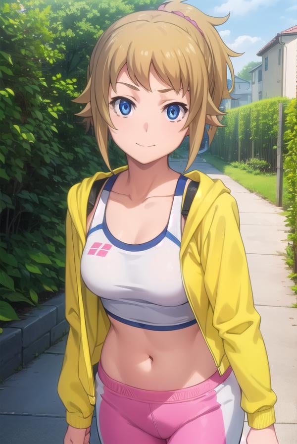 fuminahoshino, <lora:fumina hoshino s2-lora-nochekaiser:1>, fumina hoshino, hoshino fumina, blue eyes, brown hair, ponytail, scrunchie, smile,BREAK navel, jacket, bike shorts, sports bra, yellow jacket, hoodie, collarbone, long sleeves, white sports bra, white bike shorts, pink sports bra, pink bike shorts,BREAK outdoors, park, trees, city, crowd,BREAK looking at viewer, (cowboy shot:1.5),BREAK <lyco:GoodHands-beta2:1>, (masterpiece:1.2), best quality, high resolution, unity 8k wallpaper, (illustration:0.8), (beautiful detailed eyes:1.6), extremely detailed face, perfect lighting, extremely detailed CG, (perfect hands, perfect anatomy),