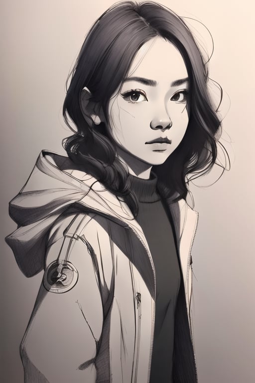 Wonder of Art and Beauty, Ani_Uni, Sketch drawing,  dessin,  masterpiece, high quality,  1girl, jackets, symbols, blossom, high resolution, look straight to viewer