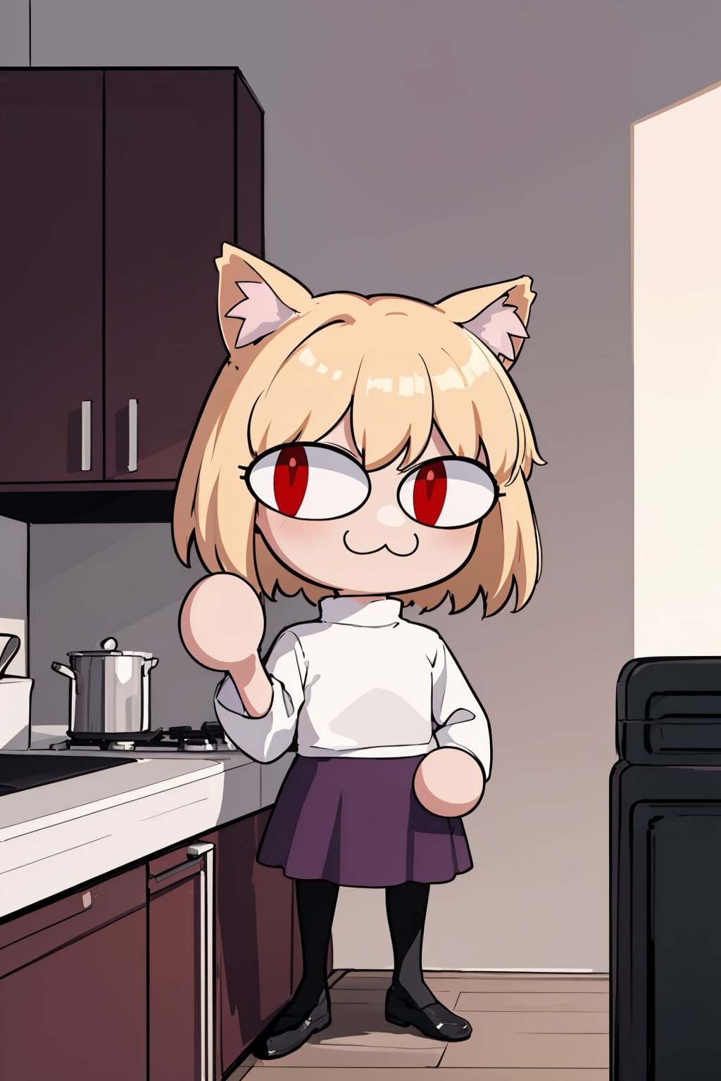 (masterpiece, best quality:1.2),  <lora:necoarc:1>, necoarc, slit pupils, cat ears, blonde hair, red eyes, chibi, 1girl, solo, white turtleneck, purple skirt, pantyhose, indoors, kitchen, looking at viewer, 