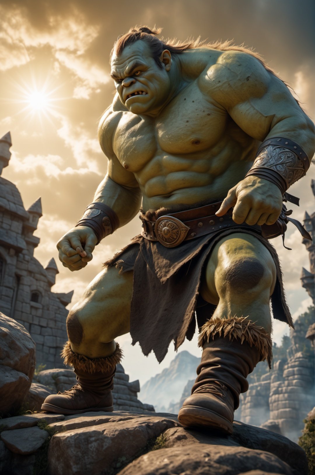 Ogre. Full-length photo, combat posture, 1boy, Surrealism, from below, Nikon, Surrealism, backlighting, backlighting, cinematic lighting, 8k, super detail, high quality, high details, UHD, award winning, textured skin, anatomically correct, UHD, retina, masterpiece, ccurate, anatomically correct, textured skin, super detail, award winning, best quality, high quality, high details, highres, 16k