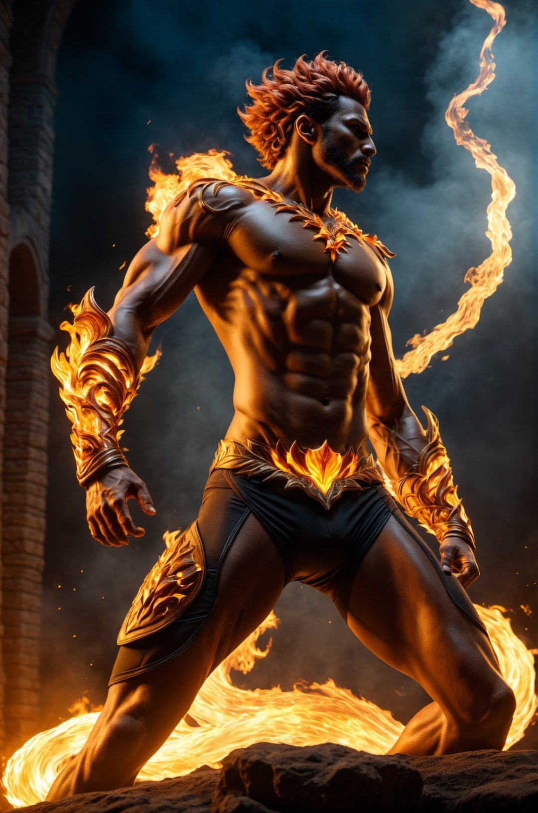 Ifrit,Full-length photo, combat posture, Surrealism, from below, Nikon, Surrealism, backlighting, backlighting, cinematic lighting, 8k, super detail, high quality, high details, UHD, award winning, textured skin, anatomically correct, UHD, retina, masterpiece, ccurate, anatomically correct, textured skin, super detail, award winning, best quality, high quality, high details, highres, 16k