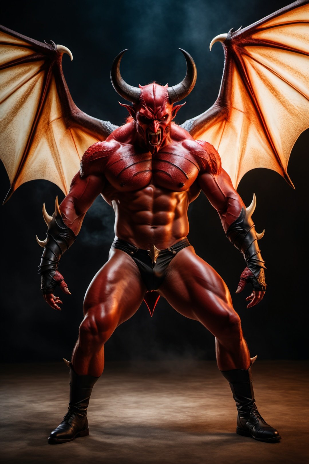  Horny devil,Rough skin,A burly figure,Huge horns, huge wings,Full-length photo, combat posture, Surrealism, from below, Nikon, Surrealism, backlighting, 8k, super detail, high quality, high details, UHD, award winning, textured skin, anatomically correct,