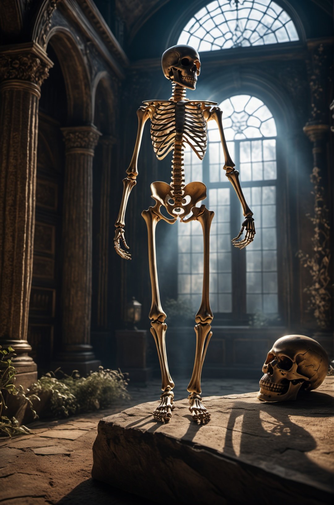 skeleton Full-length photo, combat posture, 1boy, Surrealism, from below, Nikon, Surrealism, backlighting, backlighting, cinematic lighting, 8k, super detail, high quality, high details, UHD, award winning, textured skin, anatomically correct, UHD, retina, masterpiece, ccurate, anatomically correct, textured skin, super detail, award winning, best quality, high quality, high details, highres, 16k